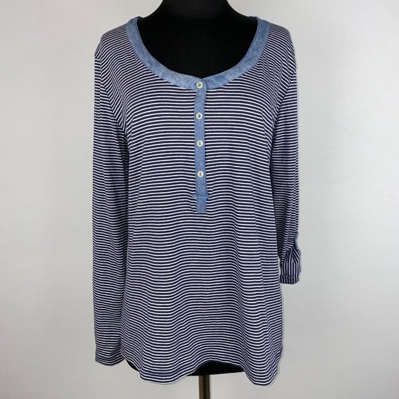 Thyme And Honey L Striped Partial Button Front Henley Top Roll Tab Long Sleeves - Picture 1 of 12